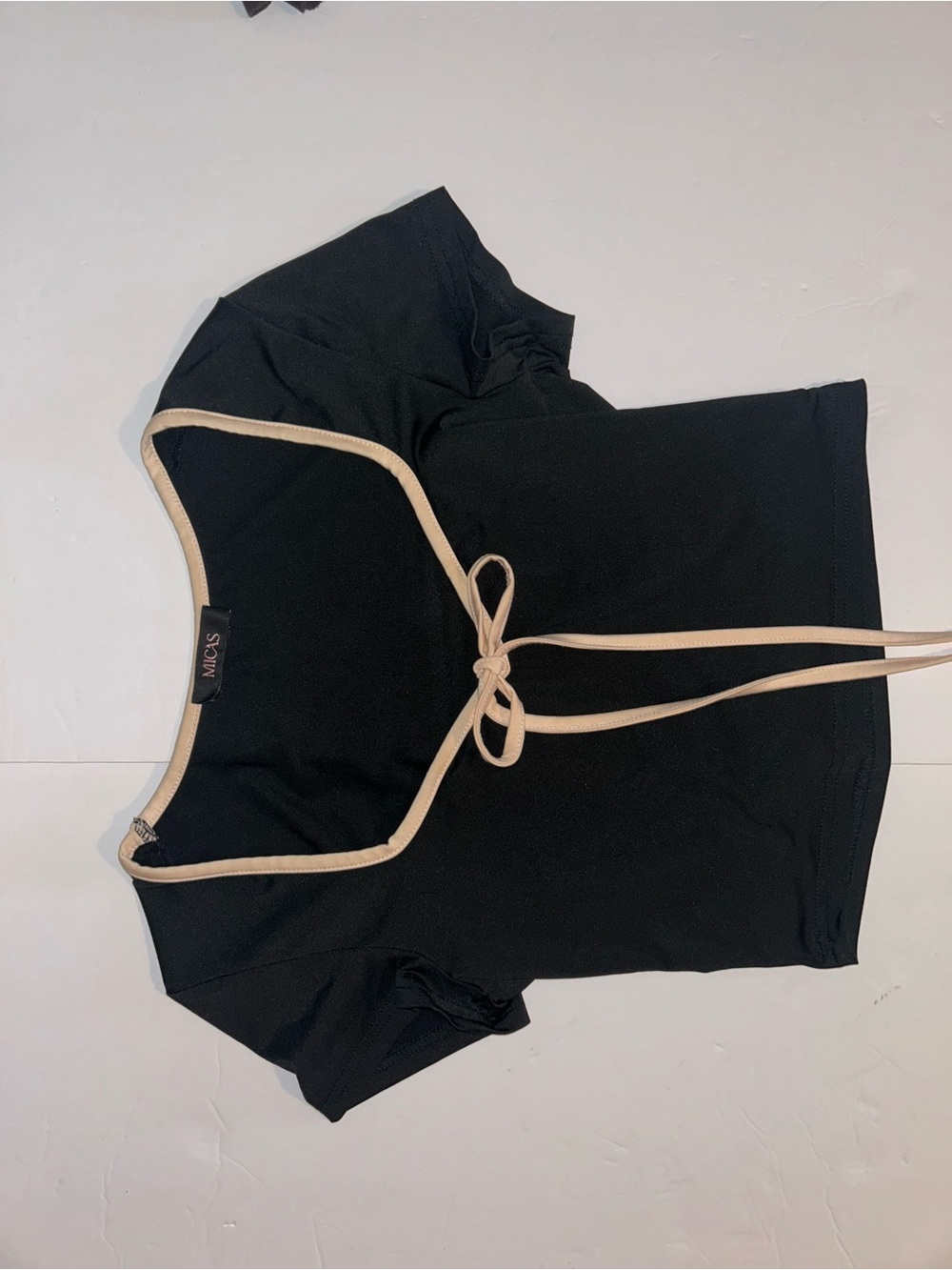 Black Tie-Front Crop Top with Cream Trim by MIACS
